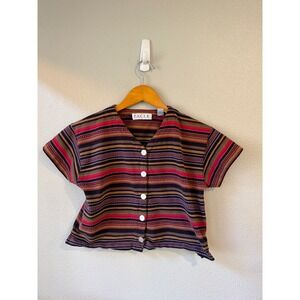 Pacer Button Front Top Womens Small Striped Boho Cotton V-Neck Short‎ Sleeve